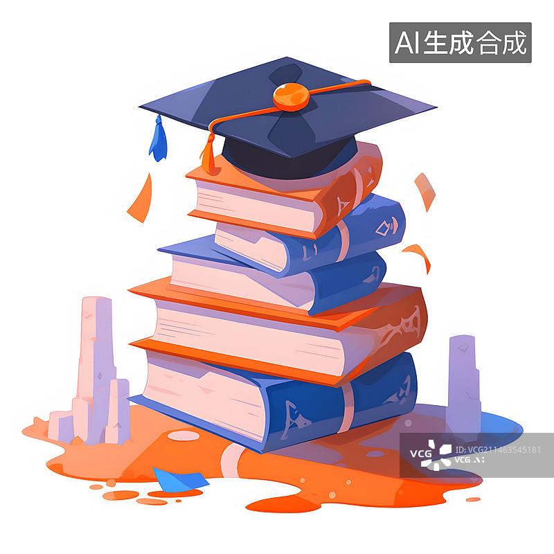 【AI数字艺术】一沓书上面有个学士帽的扁平插画图片素材