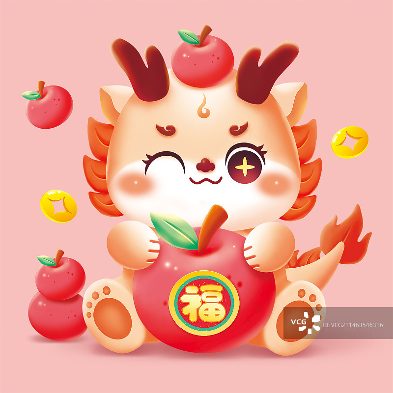 平安喜乐龙年插画苹果福金币图片素材