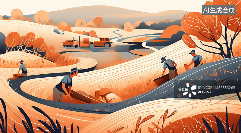 【AI数字艺术】扁平风多人协作农场劳动图片素材