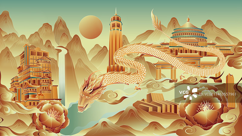 中国传统文化山河锦绣重庆地标建筑复古插画图片素材