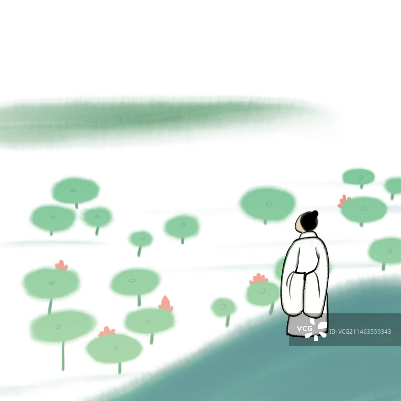 荷塘美景悠闲的古代诗人卡通水墨漫画图片素材