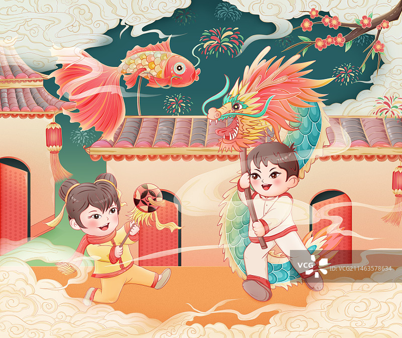 龙年春节男孩女孩舞龙灯喜庆插画图片素材
