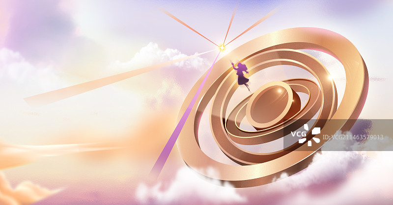 在金属圆盘下飞天的女孩图片素材