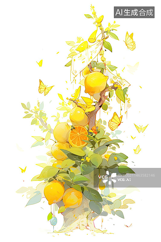【AI数字艺术】淡彩手绘风格白底柠檬树图片素材