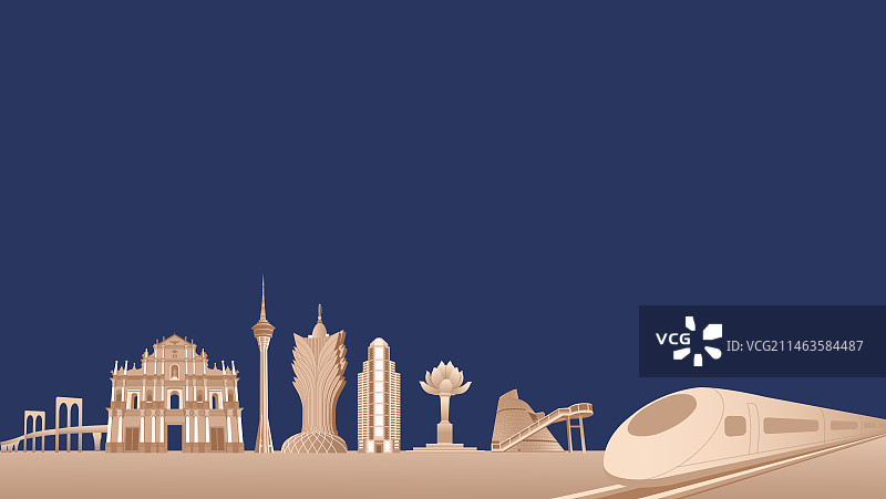 蓝金动车与澳门城市矢量插画，开往澳门的高铁列车矢量插画，新年春运高端宣传年会年终盛典春节晚会图片素材