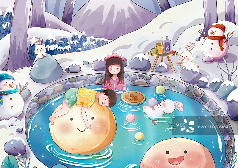 男孩和女孩在雪山里泡温泉图片素材