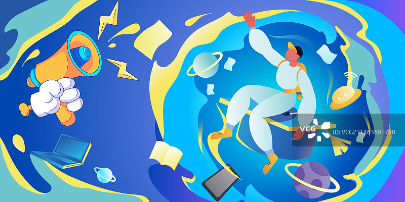 坐在学士帽上遨游太空的女孩图片素材