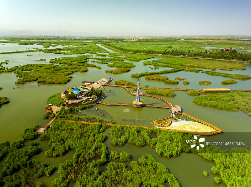 航拍宁夏石嘴山沙湖旅游区鸟岛湿地风光图片素材
