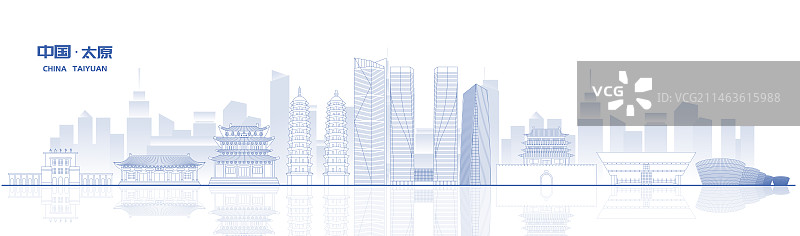 太原城市地标建筑蓝色线稿矢量插画海报图片素材