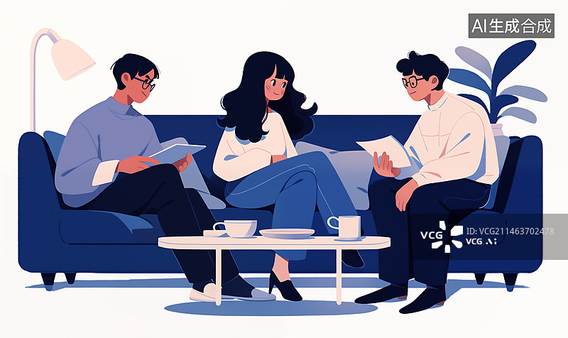 【AI数字艺术】三个青年男女坐在沙发上拿着资料在交流插画图片素材