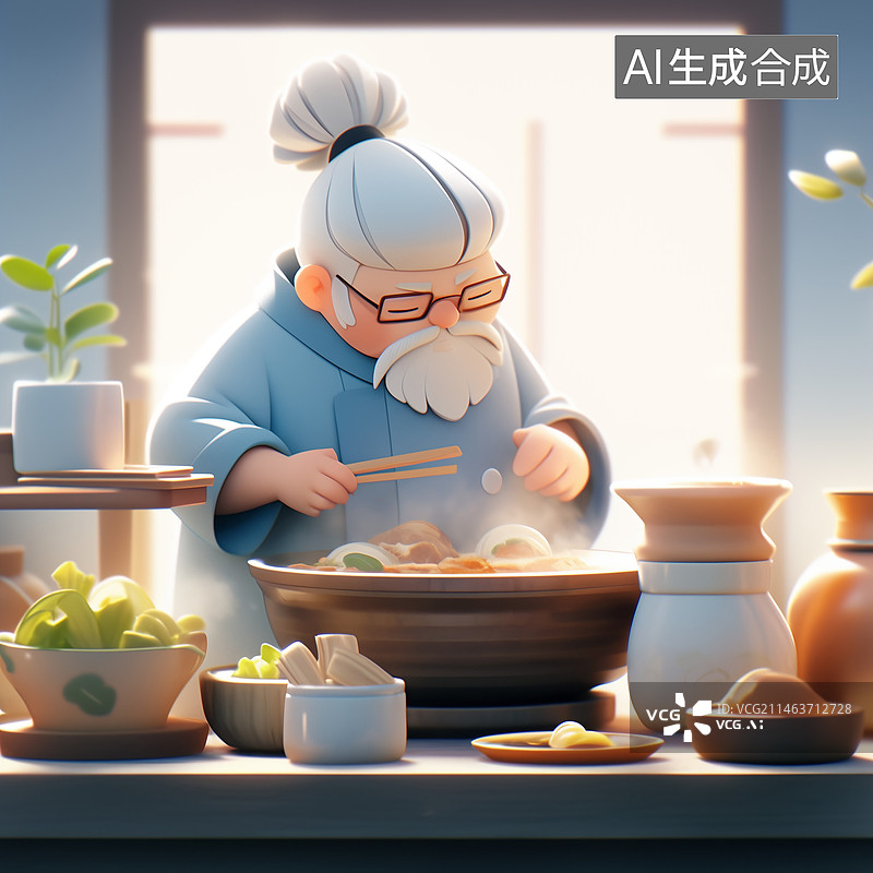 【AI数字艺术】一位白头发胡子的老者在厨房做饭插画图片素材