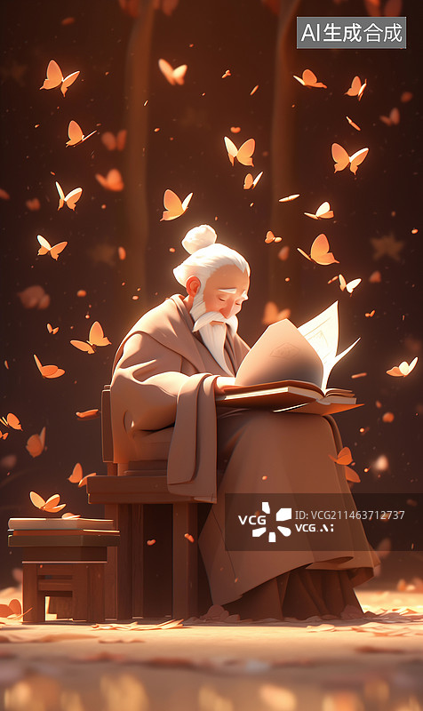 【AI数字艺术】一位白发老者在看书与蝴蝶庄周梦蝶插画图片素材