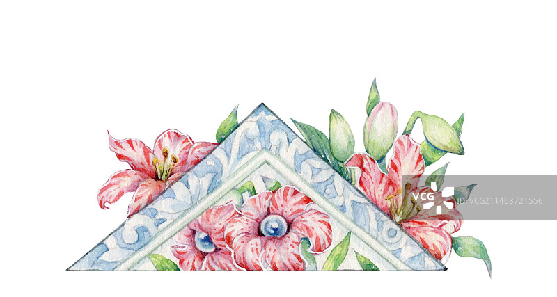 白色背景上的水彩手绘红色百合花和叶的特写镜头图片素材