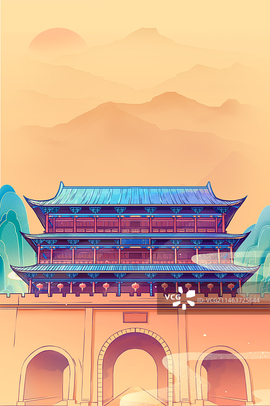 甘肃武威地标建筑凉州城门国风插画图片素材