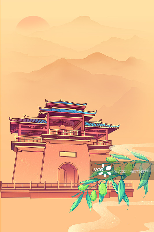 陇南城市地标建筑弘文楼国风插画图片素材