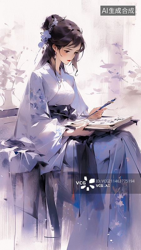 【AI数字艺术】一个穿汉服的古代年轻女孩子，坐在椅子上看书，手里拿着毛笔和书本，古风人物插画图片素材