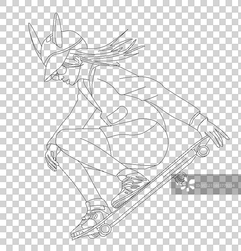 时尚潮流滑板女孩线稿 矢量插画图片素材