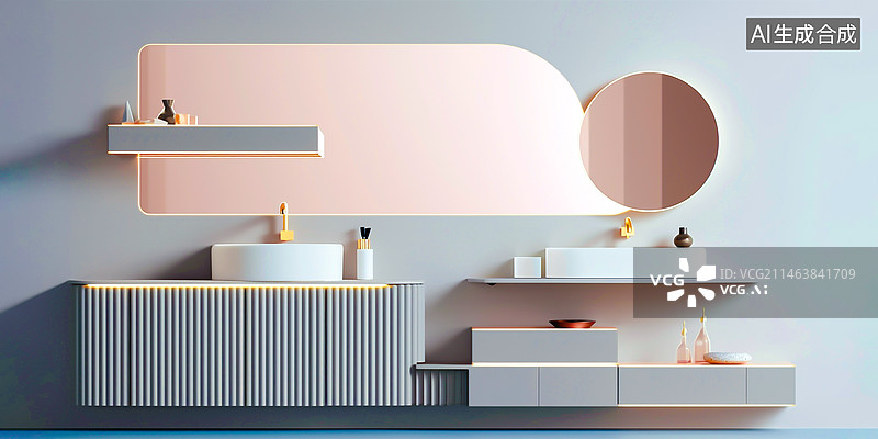 【AI数字艺术】洗手间效果图样板间，干净整洁的室内空间，有洗漱台和镜子柜子置物架等家具图片素材