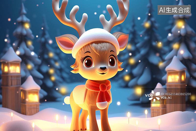 【AI数字艺术】圣诞驯鹿和雪地森林，圣诞节麋鹿3D概念插图图片素材