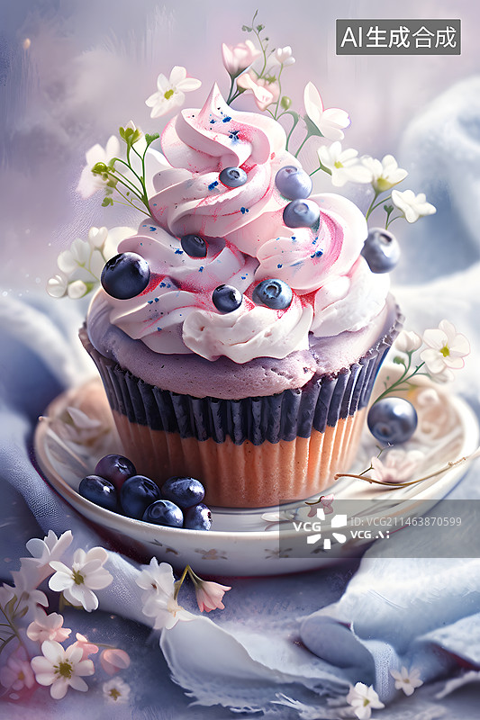 【AI数字艺术】桌上盘子里的纸杯蛋糕特写镜头图片素材