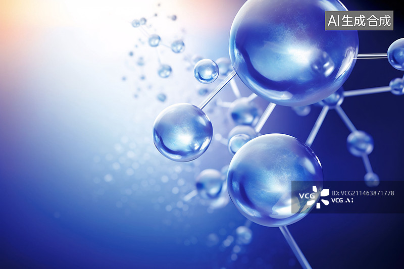 【AI数字艺术】3D渲染的微观粒子结构，液体泡泡内的分子，护肤化妆品溶液图片素材
