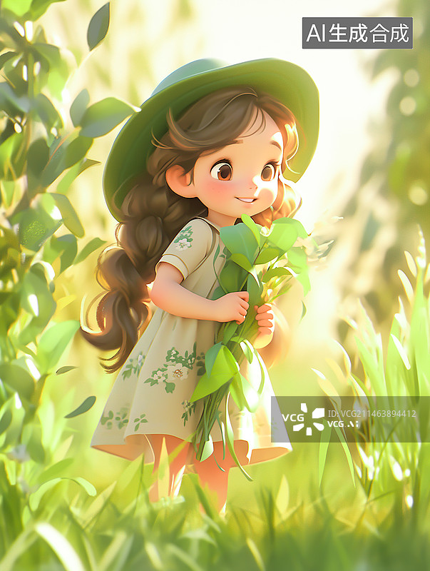 【AI数字艺术】二十四节气插画，春天在户外玩耍的女孩图片素材