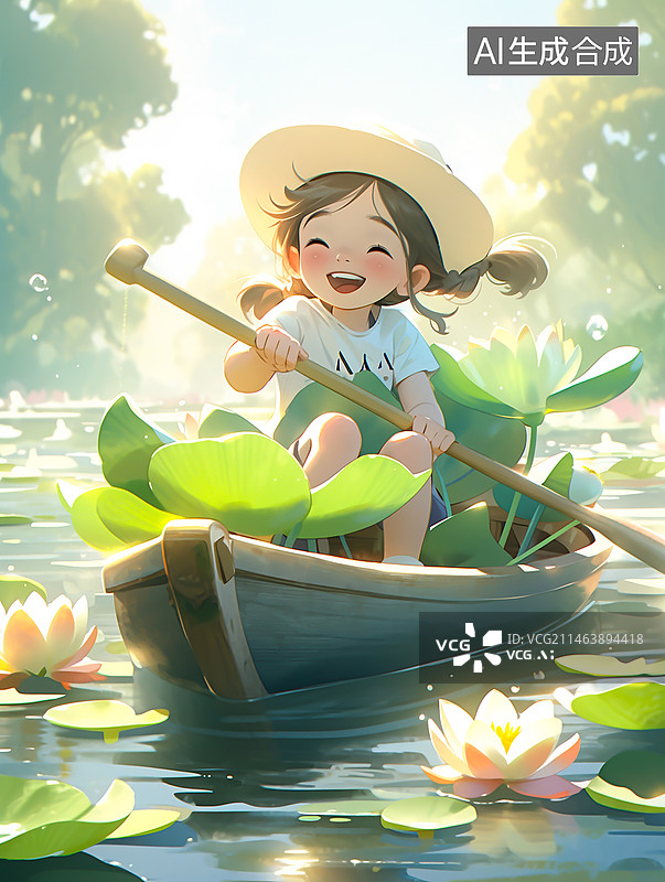 【AI数字艺术】二十四节气插画，夏天在户外玩耍的女孩图片素材