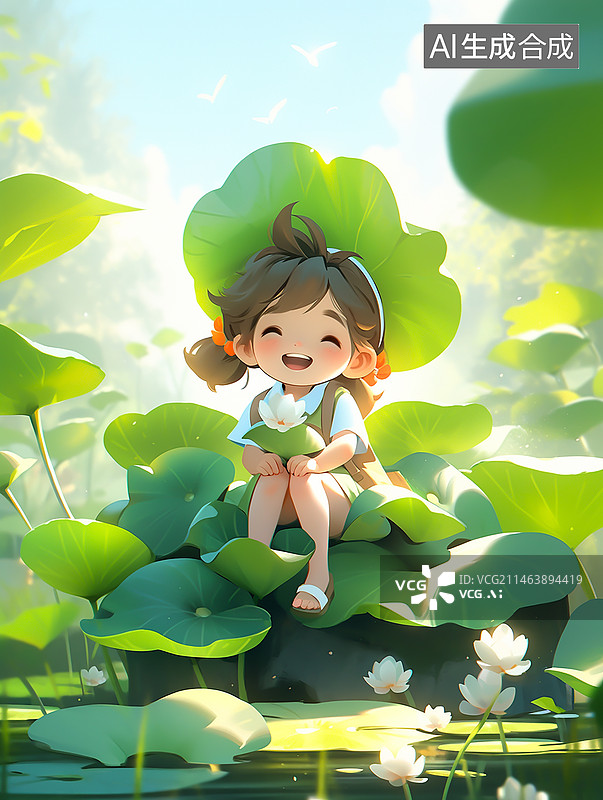 【AI数字艺术】二十四节气插画，夏天在户外玩耍的女孩图片素材