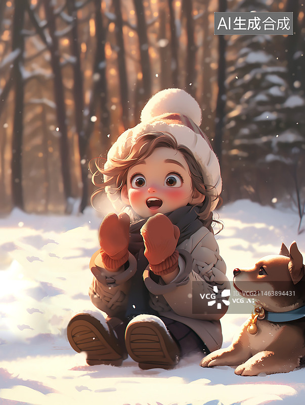【AI数字艺术】二十四节气插画，冬天在户外玩耍的女孩图片素材