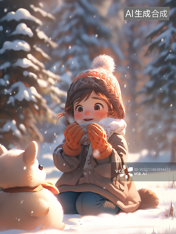 【AI数字艺术】二十四节气插画，冬天在户外玩耍的女孩图片素材