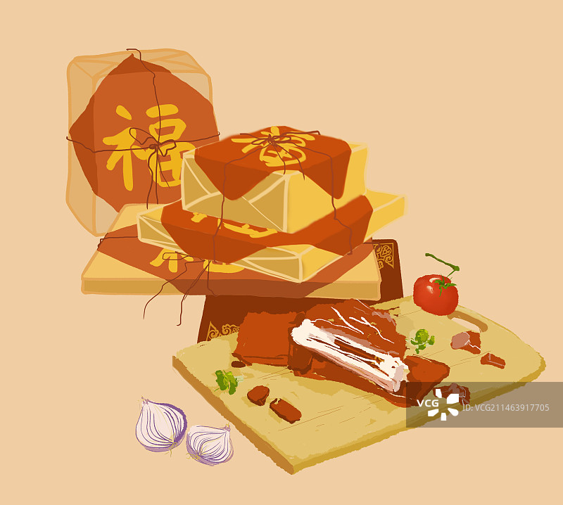 春节插画准备年货食材肉和蔬菜图片素材