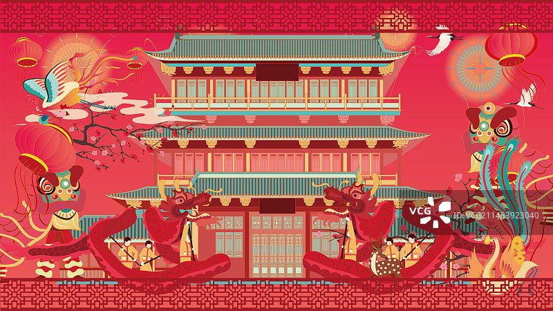 国风地标系列—国潮风春节国庆节九江浔阳楼矢量插画图片素材