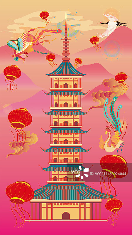 国风地标系列—国潮风春节国庆节无锡妙光塔矢量插画图片素材