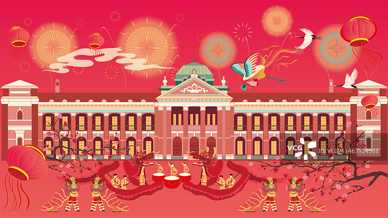 国风地标系列—国潮风春节国庆节武汉 鄂军都督府矢量插画图片素材
