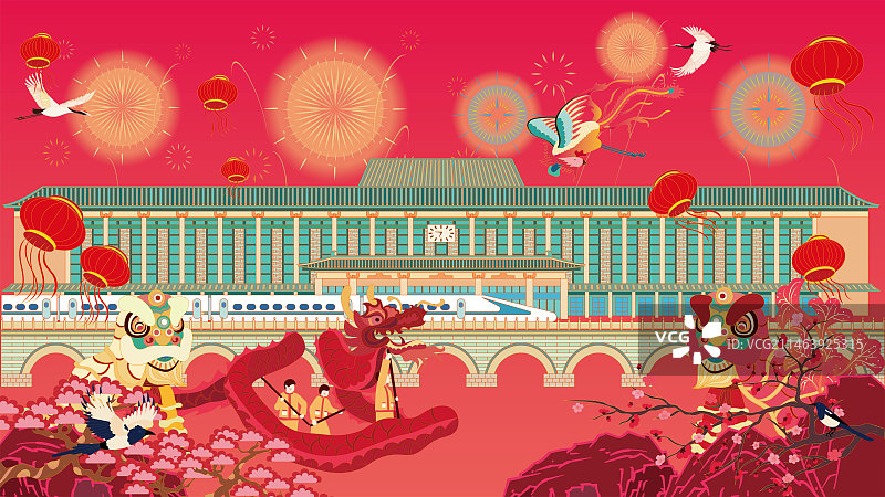 国风地标系列—国潮风春节国庆节西安站矢量插画图片素材