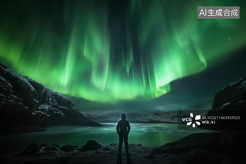 【AI数字艺术】一个人的背影在洞窟中水岸边看绿色极光图片素材