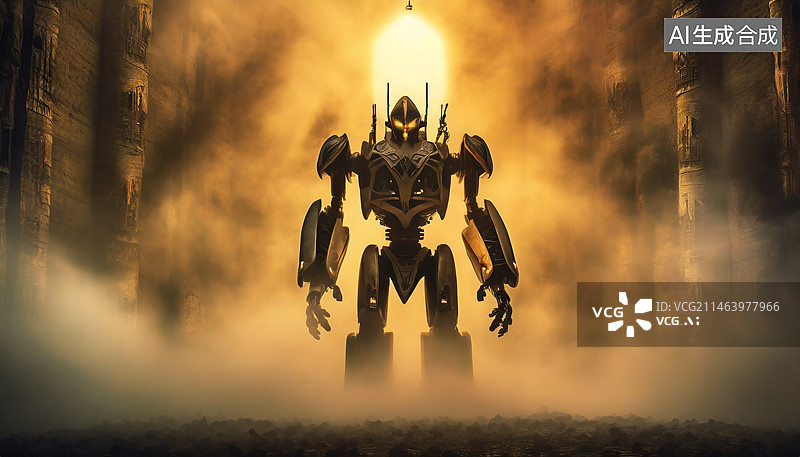 【AI数字艺术】晨雾中的机器人，日落时站在天空中的机器人的剪影图片素材