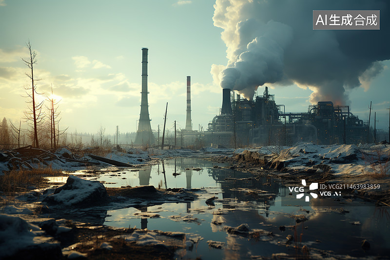 【AI数字艺术】工厂的烟囱正在排放温室气体全球变暖空气污染概念图片素材