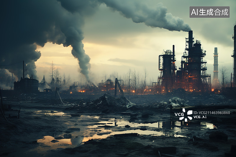 【AI数字艺术】工厂的烟囱正在排放温室气体全球变暖空气污染概念图片素材