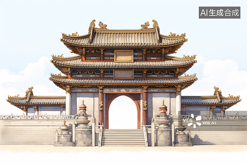 【AI数字艺术】复古中国风历史建筑插画，传统古建筑地标文化概念插图图片素材