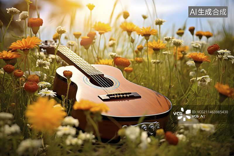 【AI数字艺术】躺在花丛中的吉他图片素材