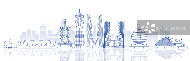 杭州城市地标建筑蓝色线稿矢量插画海报图片素材