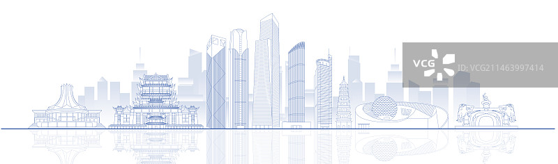 南宁城市地标建筑蓝色线稿矢量插画海报图片素材