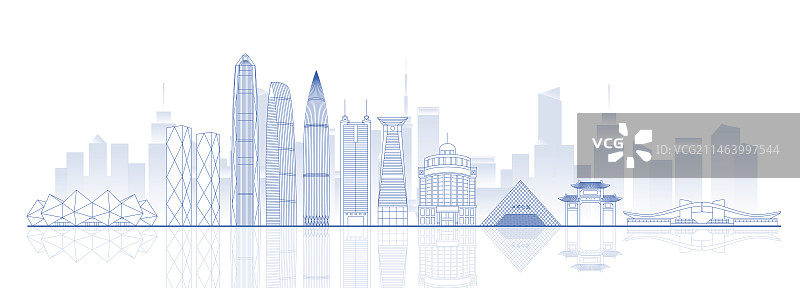 深圳城市地标建筑蓝色线稿矢量插画海报图片素材