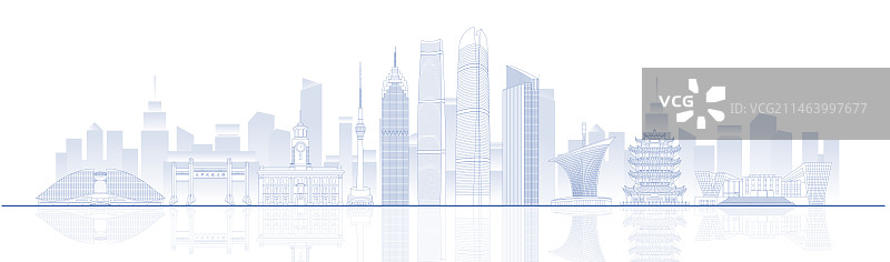 武汉城市地标建筑蓝色线稿矢量插画海报图片素材