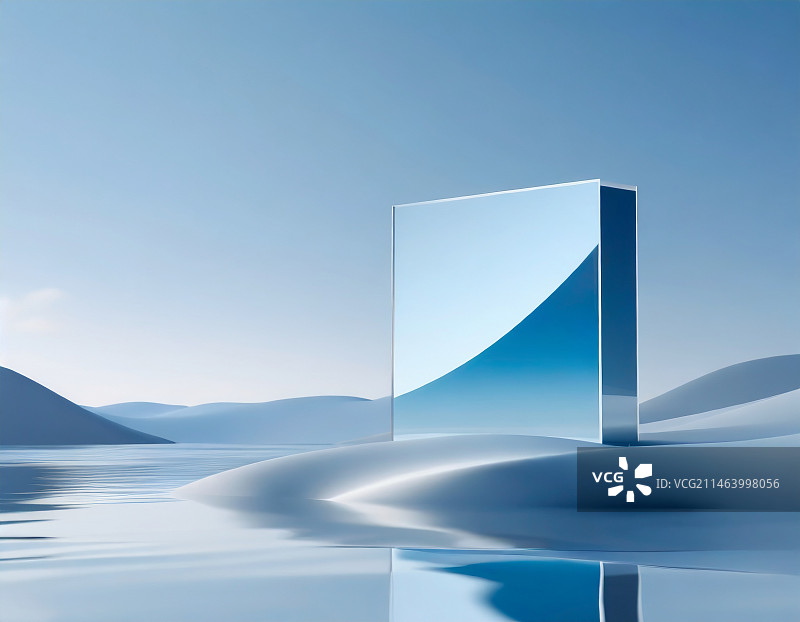 蓝色背景下的冰块和水中倒影，水晶,水晶柱,水晶灯,立体,几何,迷宫,透明,闪亮的图片素材