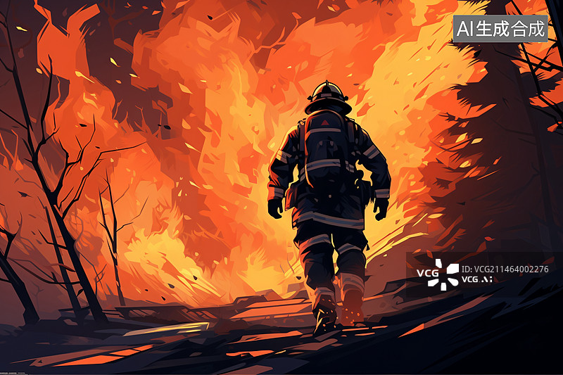 【AI数字艺术】消防宣传日，人物转身投入火灾抢救现场插图图片素材