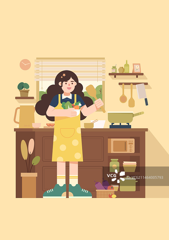 几何扁平风女生在厨房小场景插画图片素材