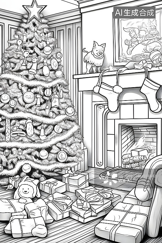 【AI数字艺术】圣诞节装饰室内场景线稿图片素材