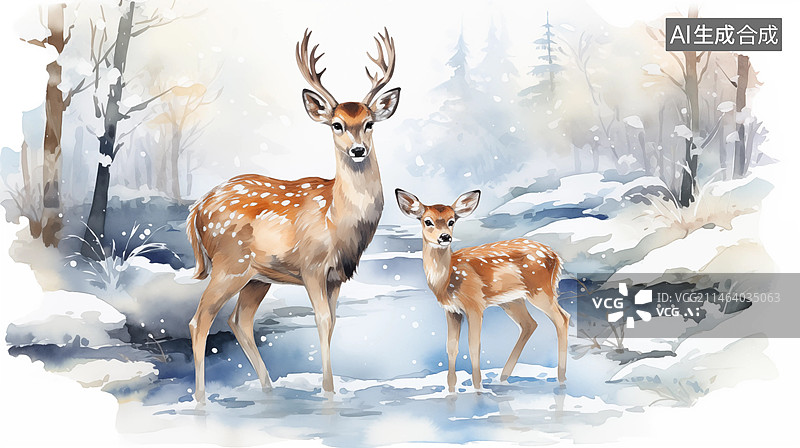 【AI数字艺术】冬天雪地的梅花鹿水彩平面插画图片素材
